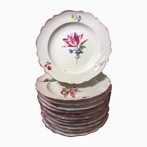 18th Century Baroque Porcelain Dining Dishes with Floral Decor from Meissen, 1775, Set of 12