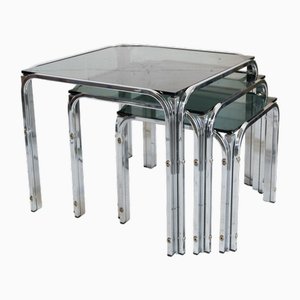 Nesting Tables in Chromed Metal and Smoked Glass, 1970s, Set of 3