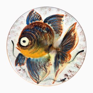 Mid-Century Spanish Studio Pottery Wall Plate with Fish Design from Puigdemont, 1960s