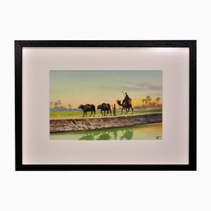 Edwin Lord Weeks, Ägyptischer Büffel und Bauern, 1870er, Aquarell