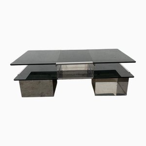 Mesa de centro italiana Mid-Century moderna de cromo y vidrio ahumado, años 70