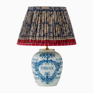 Lámpara de mesa en forma de tarro de tabaco Delft de Oud con pantalla de sari de seda nueva