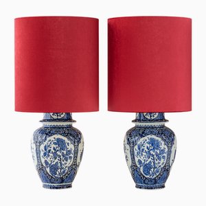 Lampes de Bureau Bleu de Delft avec Abat-jours en Velours Rouge de Boch, 1960s, Set de 2