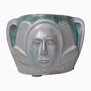Art Deco Ceramic Planter with Glazed Faces by Aksel Hansen, 1940s