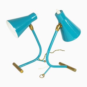 Lampade da tavolo Mid-Century verde acqua e ottone attribuite a Stilnovo, Italia, 1950, set di 2