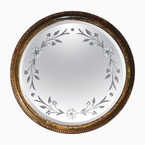 Venetian Etched Glass Frame Round Mirror with Gold Leaf Frame, 1930