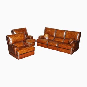 Vintage Hand Dyed Brown Leather Living Room Set from Ralph Lauren, USA, Set of 3