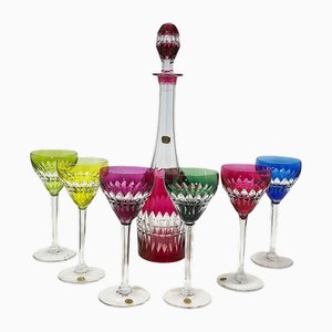 Colored Cut-to Clear Crystal Wine Set from Val Saint Lambert, Set of 7