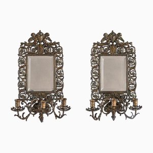 French Louis XIII Bronze Mirrored Sconces, Set of 2