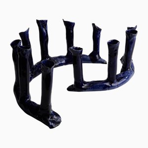 Indigoblaues Keramik Kerzenhalter Set, 2er Set