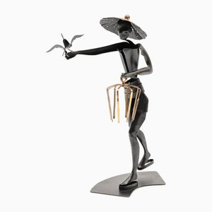 Austrian Artist, Handmade Asian Bird Feeder Figure, 1950s, Metal