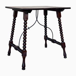Table d'Appoint 19ème avec Pieds Tournés Soignés et civière en Fer, Espagne, 1890