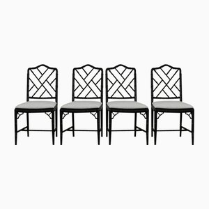 Chippendale-Style Faux Bamboo Black Lacquered Chairs, 1970s, Set of 4