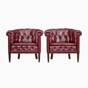 Rote Mid 20. Jh. Leder Clubsessel, 1950er, 2er Set