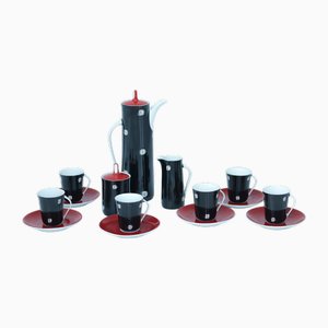 Krokus Coffee Set with Black and Red Graphic Decoration by Wincenty Potacki for ZPS Ćmielów, Poland, 1960s, Set of 15