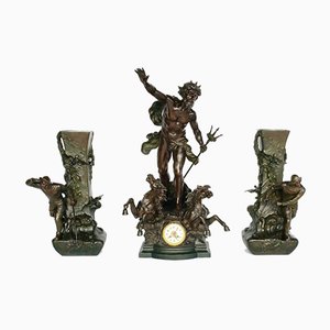 Antique French Spelter Neptune Clock and Vases by L & F Moreau, Set of 3