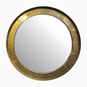 Vintage Golden Hammered Rim Round Wall Mirror, 1960s