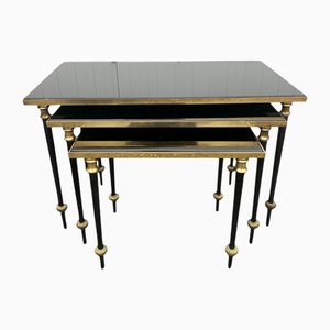 Neo-Classic Nesting Tables in Brass and Glass from Maison Baguès, 1950s, Set of 3