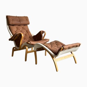 Fauteuil et Ottomane Pernilla 69 Marron avec Cuir et Hêtre par Bruno Mathsson pour Dux, 1960s, Set de 2