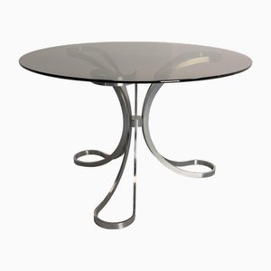 French Round Dining Table in Smoked Glass and Chrome, 1970s