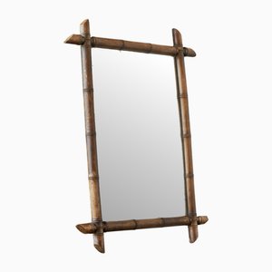 Large Early 20th Century French Faux Bamboo Mirror in Wood and Weathered Mirror, 1930s