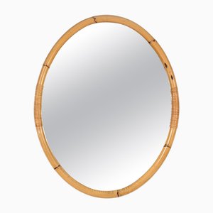 Mid-Century Italian Large Oval Mirror in Curved Bamboo, Rattan and Wicker, 1970s