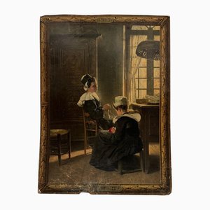 Panneau Lu sur Carton Illustré de Deux Bretonnes en Costume