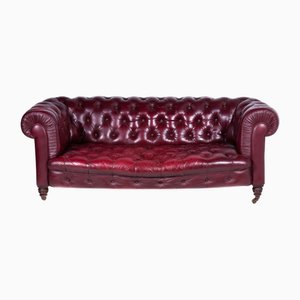 Sofá Chesterfield victoriano de cuero burdeos original, década de 1800