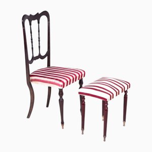 Chaise Victorienne avec Repose-Pieds Assortis en Bois Noirci et Satin Rayé, 1950s, Set de 2