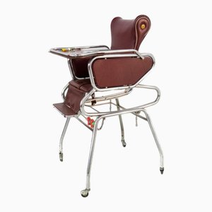 Vintage High Chair in Burgundy Leather with Tray and Potty, 1970s
