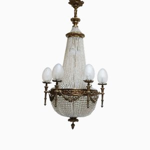 Antique Gilt-Bronze and Crystal-Cut Beaded Basket Ballroom Chandelier, 1890s