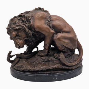 Antoine Louis Barye, Lion and Serpent, 1800s, Bronze on Marble Base