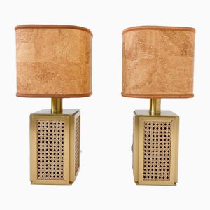 Table Lamps in Brass and Rattan, Italy, 1970s, Set of 2