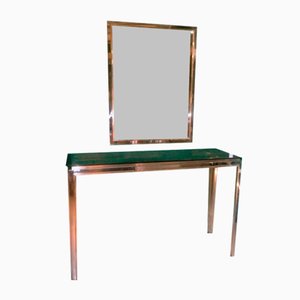 Steel and Brass Console and Mirror, 1970s, Set of 2