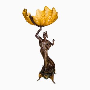 Jugendstil Spelter Frau Skulptur Gelbe Glaslampe, 1900er