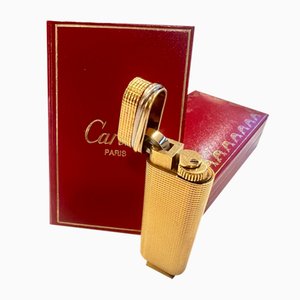 Vintage Lighter in Gold Plating with Trinity Circlet & Travel Case from Cartier, 1983, Set of 2