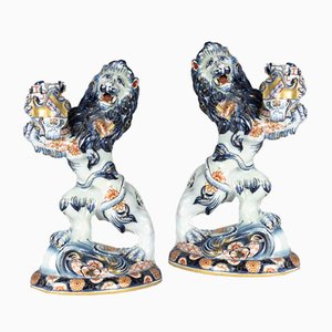 Antike Löwen Kerzenhalter aus Keramik von Emile Gallé, 2er Set