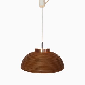 Lampada Mid-Century moderna in vimini, vetro opalino e rame, Scandinavia, anni '60