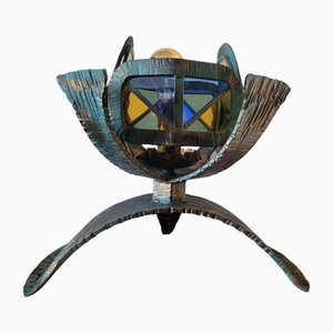 Brutalist Sculpture Table Lamp in Green and Gold Metal and Yellow and Blue Glass, 1950s