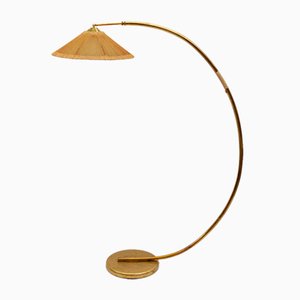 Mid-Century Modern Brass & Rattan Arc Floor Lamp, Italy, 1950s