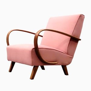 Butaca de madera curvada de terciopelo rosa polvoriento de Jindrich Halabala, años 30