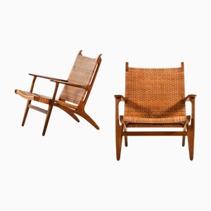 Set of Easy Chairs Model Ch-27 in Oak & Woven Cane attributed to Hans Wegner, 1949