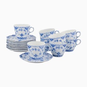 Blue Fluted Full Lace Coffee Cups with Saucers from Royal Copenhagen, 1960s, Set of 16