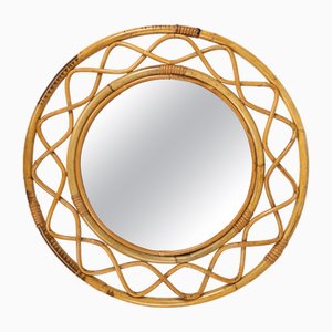 Runder Mid-Century Wandspiegel mit Doppelrahmen aus Bambus & Rattan, Italien, 1960er