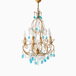Italian Chandelier with Blue Glass Droplets, 1960s