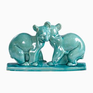 Statue Ours en Peluche Art Déco en Céramique Craquelée Turquoise de LV Ceram, 1920s-1940s