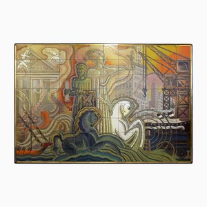 Joseph Roelants, Piastrella con rappresentazione allegorica di architettura e arte scultorea, 1948, ceramica