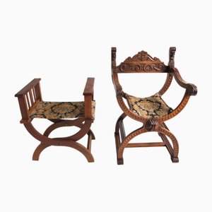 Set of Antique French Dagobert Curule Throne Armchair with Footstool in Caved Oak, 1900s
