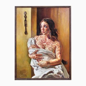 Elin Sian Blake, First Light, Mutter & Baby mit walisischer Decke, 21. Jahrhundert, Öl auf Leinwand