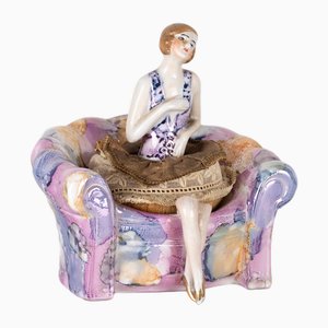 German Art Deco Ceramic Flapper Powder Puff Stand by Carl Schneider, 1930s